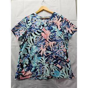 Butter-Soft Stretch Scrub Top XL Tropical Leaf Print Pink Blue Short Sleeve Pock